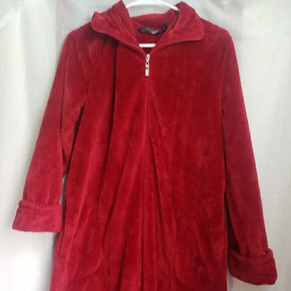 Noire Jasimine Rose Long Robe Long Sleeve Zip Front Pockets Polyester Red Size M - Picture 2 of 9